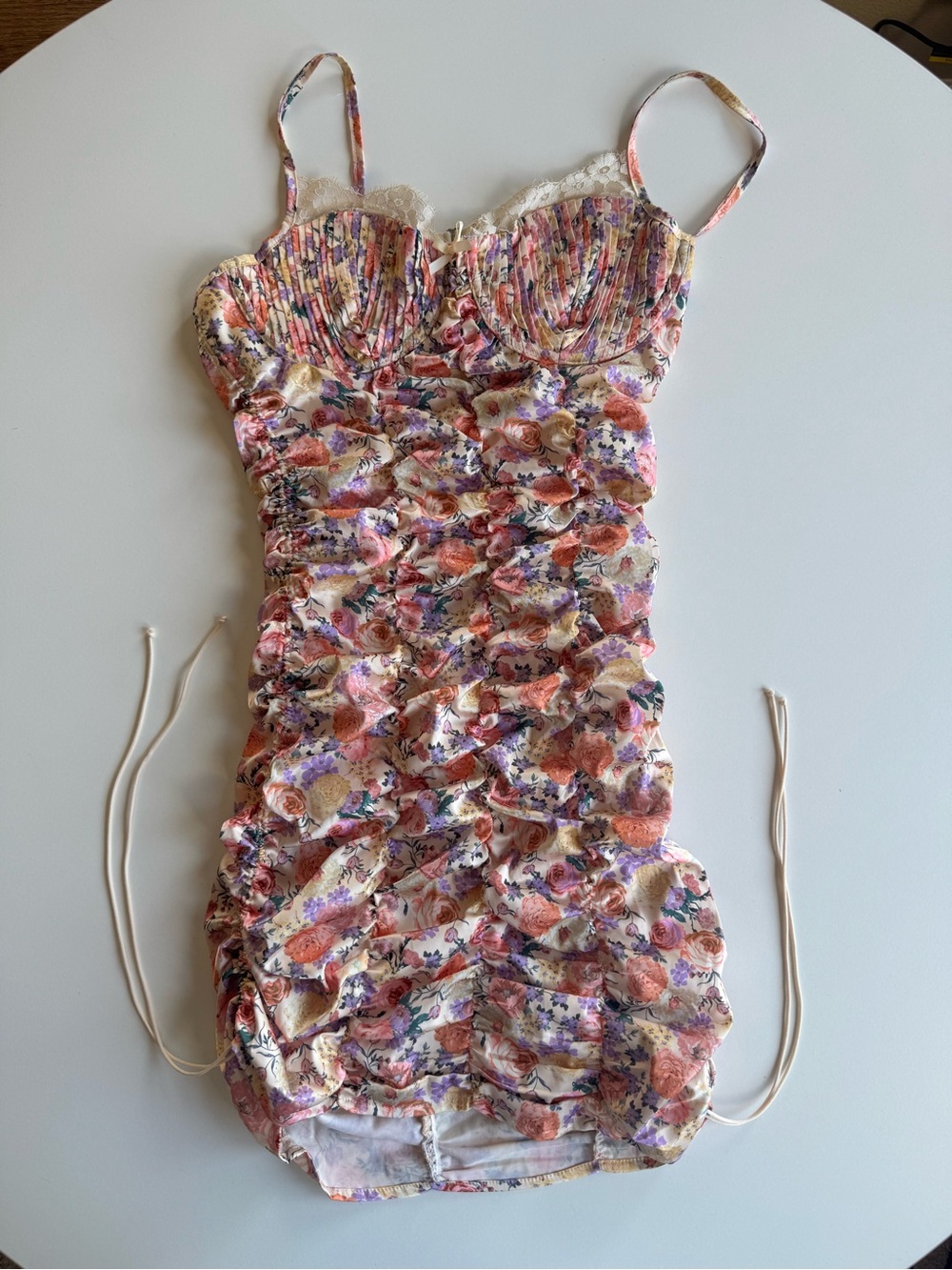For Love & Lemons Pink and Cream Floral Ruched Mini Dress